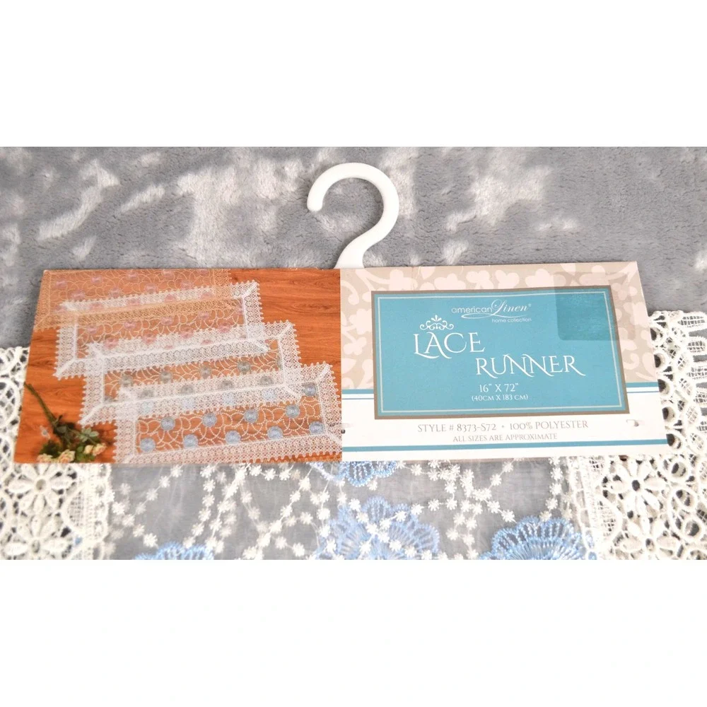 American Linen Chic White & Blue Lace Linen Table Runner Doily 16